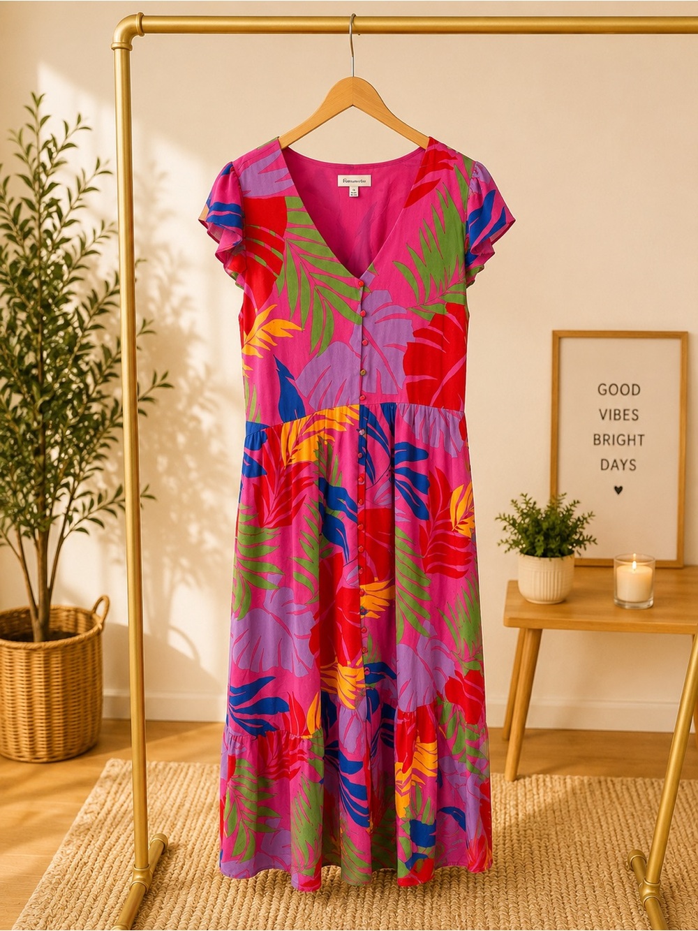 Tropical Print Maxi Dress in Hot Pink & Multicolor